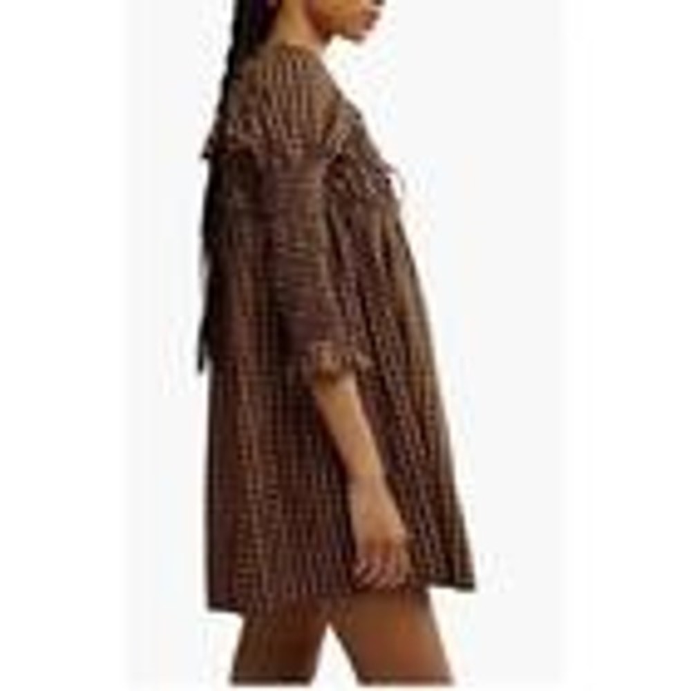 Free People Brown Geometric Smocked Mini Dress OB2049348 Small Boho Tie Back